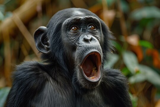 Closeup of a bonobo ape with a surprised expression, set against a jungle background