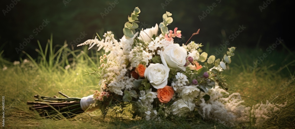 Wall mural Bridal bouquet displayed against a grassy backdrop with copy space image.