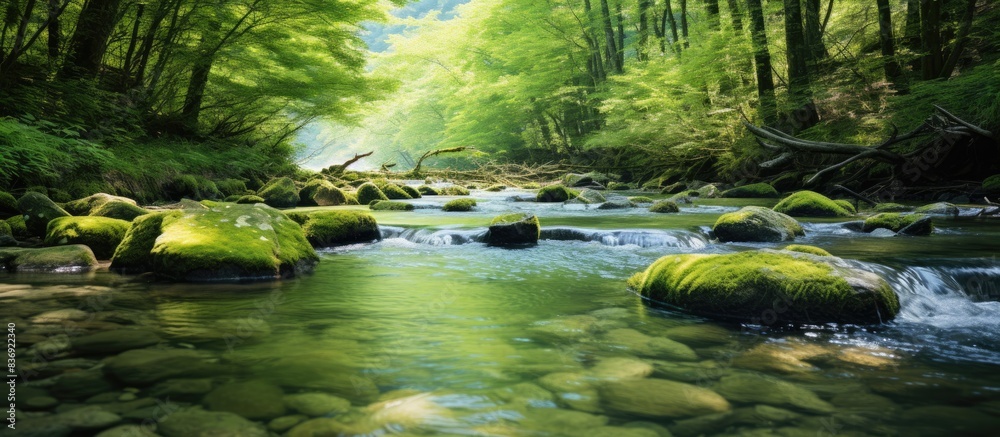 Poster the bubbling stream of clear water with a beautiful copy space image.