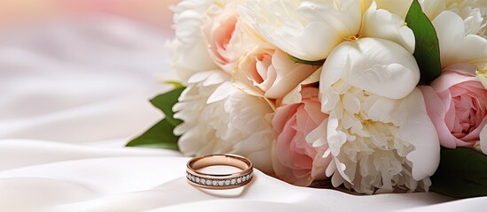 Elegant bridal arrangement featuring white and pink peonies, roses, and wedding rings on a copy space image.