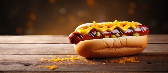 Hot dog with yellow mustard and ketchup on a wooden table with copy space image.