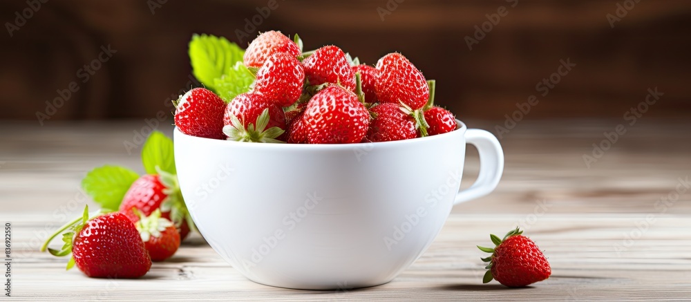 Poster wild strawberry in a white cup on a wooden background, creating an inviting copy space image.
