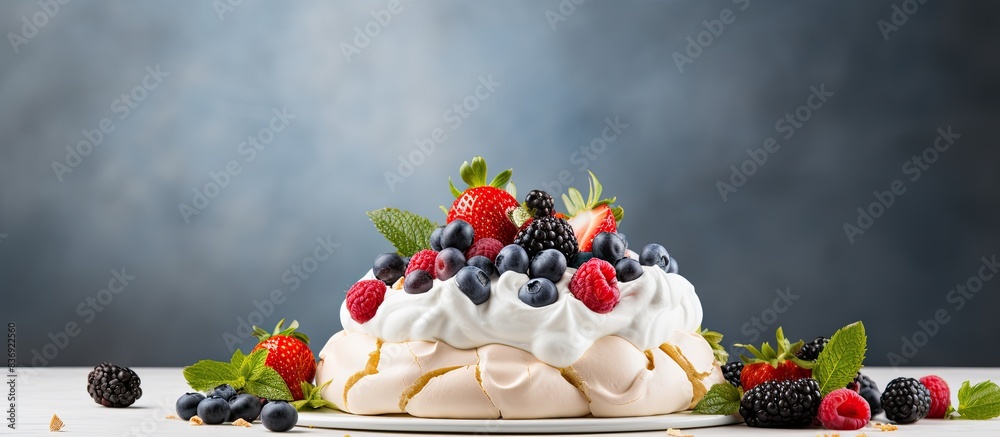 Poster pavlova adorned with an assortment of fresh berries, against a blank background in a copy space imag