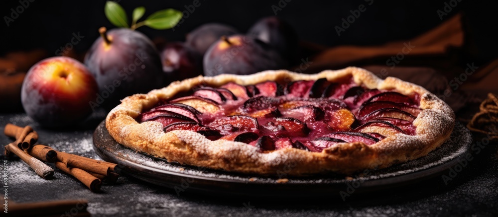 Aufkleber plum galette: a rustic open pie with a plum crust and a vegan, vegetarian autumn dessert, featuring 