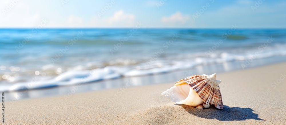 Poster sandy beach with a seashell during summertime, perfect for a copy space image.