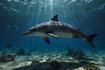 Naklejka premium Beautiful underwater scene with dolphin, wide panoramic banner with copy space or web site header. 8k