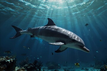 Naklejka premium Beautiful underwater scene with dolphin, wide panoramic banner with copy space or web site header. 8k