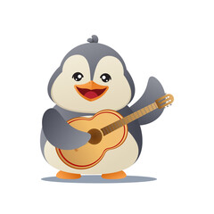 Cute little penguin character with a happy smile is playing the guitar
