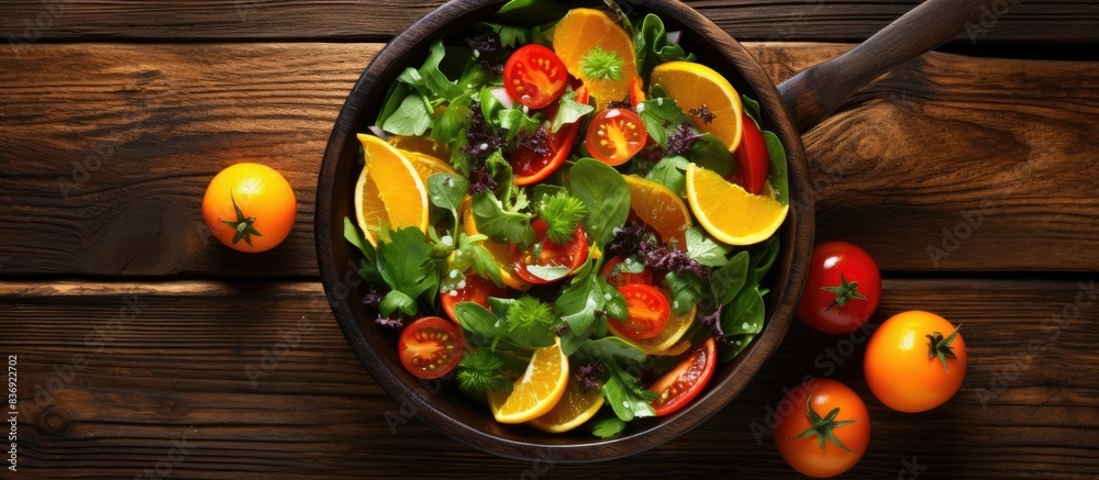 Poster Vegetable salad with orange slices displayed on a rustic wooden background with a pan in the shot for a copy space image.