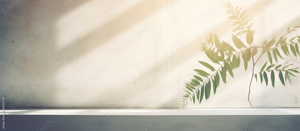 Aufkleber Blurred natural light filters through windows, casting leaf shadows on textured wall with abstract background suitable for product display and mockup with copy space image.