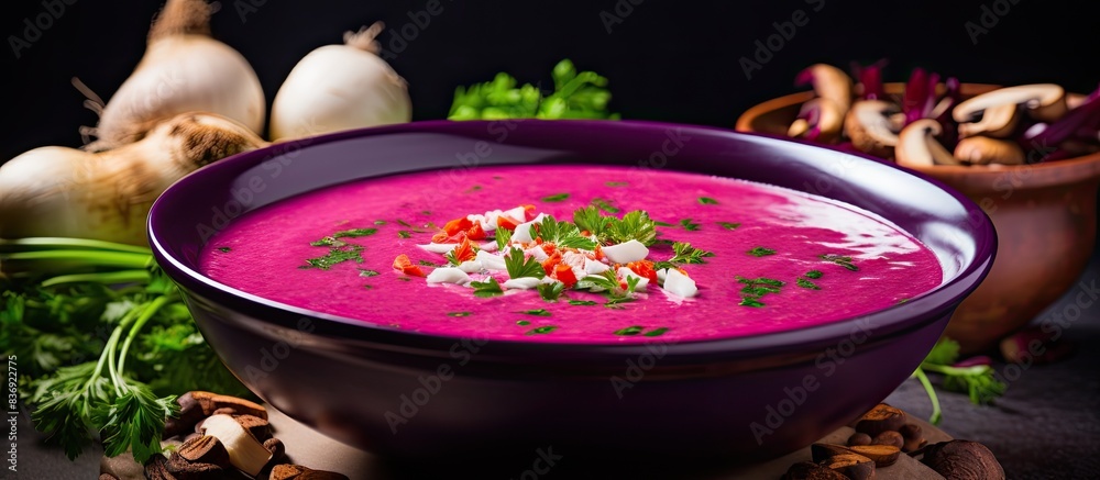Aufkleber Creamy beetroot soup garnished with diced celery, red onion, and sliced champignon mushrooms in an enticing composition for a copy space image.