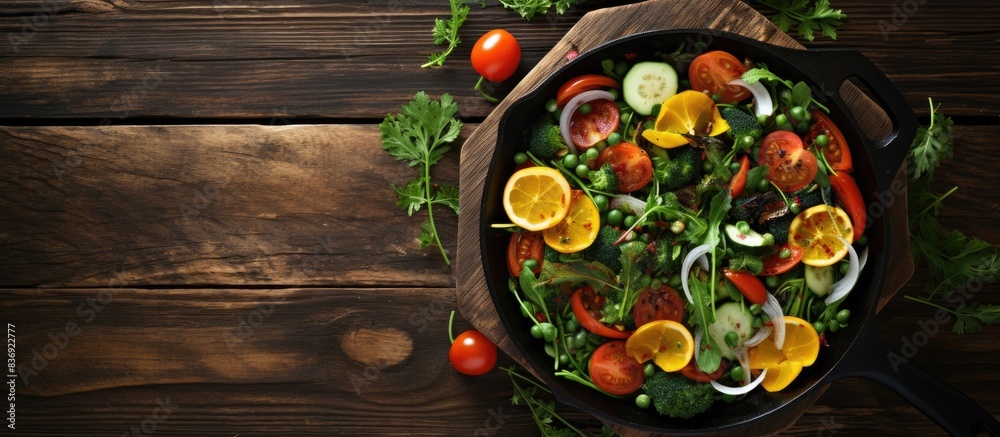 Poster Vegetable salad with orange slices displayed on a rustic wooden background with a pan in the shot for a copy space image.