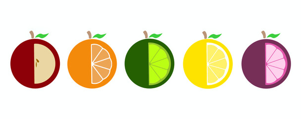 illustration set fruits juice icon an apple, orange, lime, lemon and mangosteen