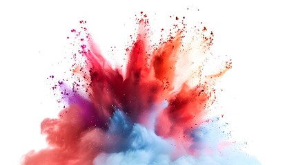 Colorful explosion of paint isolated on a white background, powder splash in the air. Design element for poster and banner with copy space. 