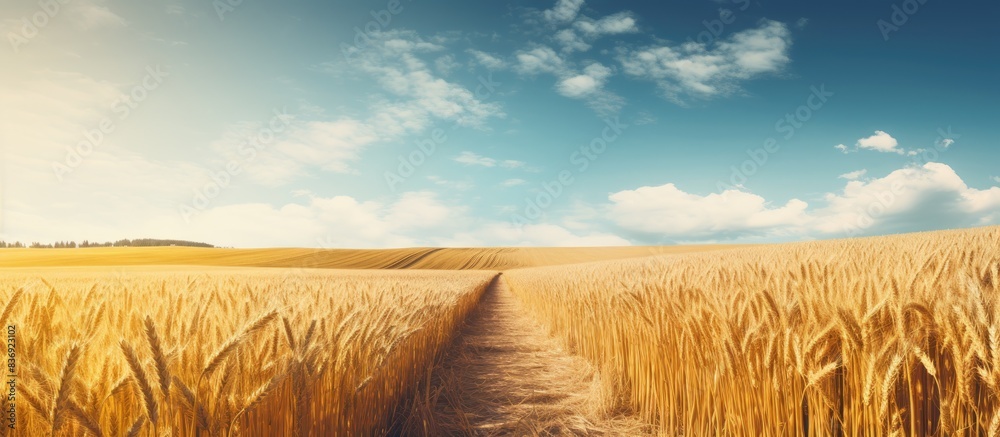 Poster A pathway cuts through a field of wheat but doesn't extend all the way to the other side where more wheat grows, with a serene landscape and room for text, known as a copy space image.