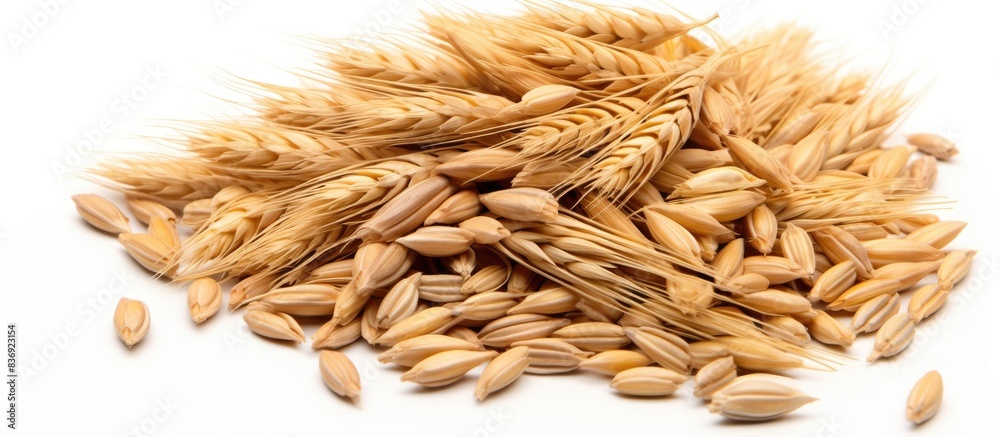 Poster Macro shot of a handful of wheat seeds isolated on a white background, providing ample copy space image.