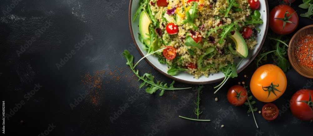 Poster top view of an asian salad featuring quinoa and arugula with copy space image.