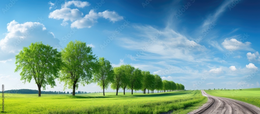 Poster Scenic view of a row of trees and road in a dense forest, set against the sky and meadows, creating a picturesque landscape with a copy space image.