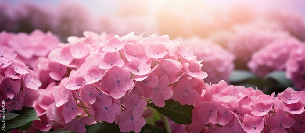 Poster Pink hydrangeas in full bloom during spring with a visually pleasing aspect, presenting an option of a background copy space image.