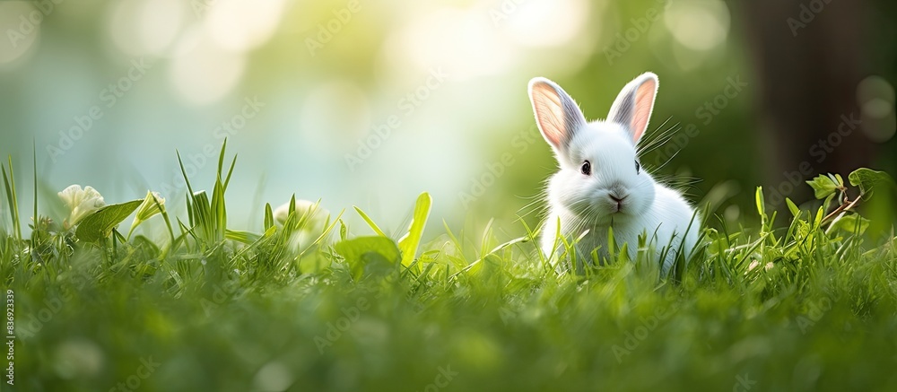 Poster a white rabbit resting on lush green grass in the garden, with a scenic background for a copy space 