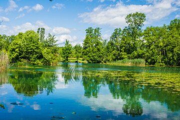 Beautiful green Mreznica river in Belavici village in Croatia, natural landscape