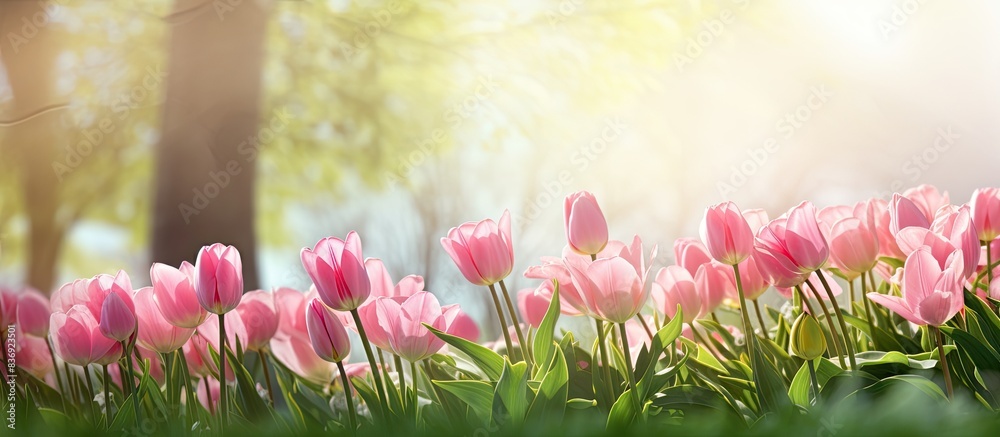 Poster stunning garden scene featuring a group of vibrant pink tulips set against a beautiful background wi