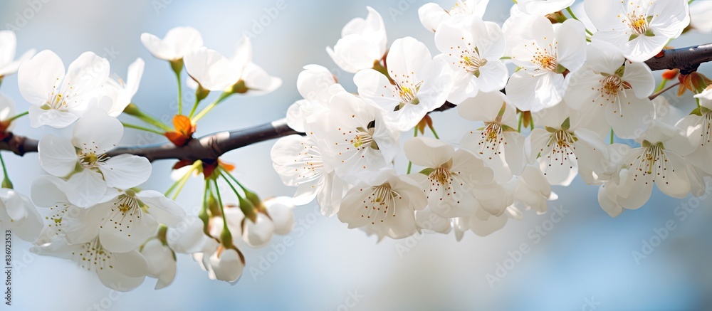 Poster macro photograph of white cherry blossom flowers on a tree with a springtime ambiance and copy space