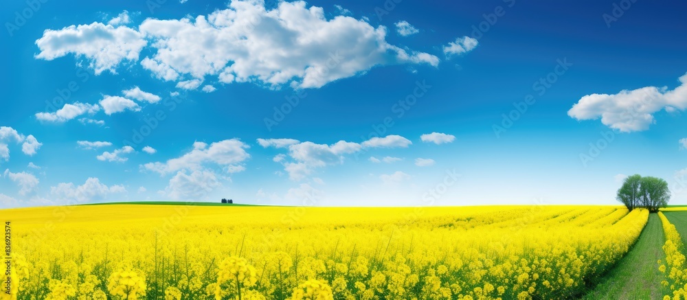 Poster a vibrant yellow canola field with copy space image.
