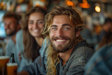 Obraz premium In a cozy indoor setting with his friend, a young man wearing a beanie and a brown-orange winter coat smiles happily at the camera.