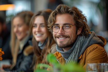 Fototapeta premium In a cozy indoor setting with his friend, a young man wearing a beanie and a brown-orange winter coat smiles happily at the camera.