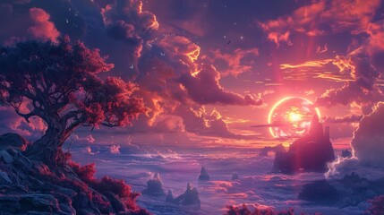 Enchanted Sunrise: Fantasy Creatures Welcoming the Dawn with Vibrant Colors in the Sky