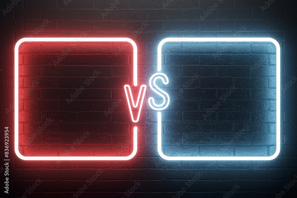 Poster Neon light text vs between two neon borders on a dark brick background, symbolizing a versus concept in a modern graphic style. 3D Rendering