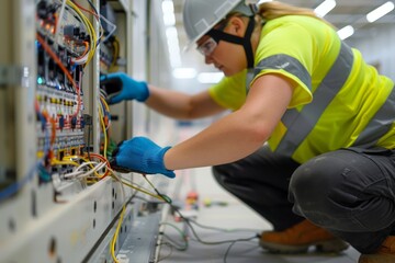 A woman technician is seen fixing wires inside a data center server rack, wearing safety gear