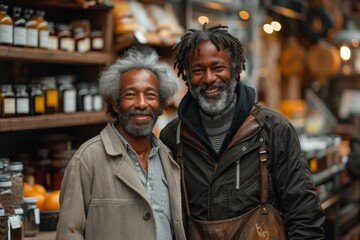 Fototapeta premium In a cozy indoor setting with his friend, a young man wearing a beanie and a brown-orange winter coat smiles happily at the camera.