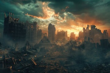 Dramatic and dystopian apocalyptic cityscape at sunset with devastated ruins and abandoned buildings, depicting a postapocalyptic world of desolation and destruction