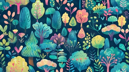 Colorful hand-drawn forest pattern with various trees and plants on a dark background, perfect for nature-themed designs and illustrations.
