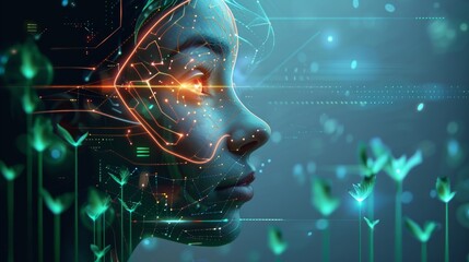 A digital depiction of a human face integrated with futuristic AI and technological elements, glowing orange eyes.