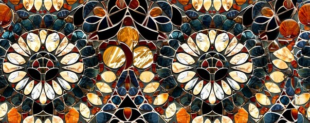 Colorful stained glass mosaic pattern featuring intricate geometric designs with vibrant, detailed shapes and rich hues.