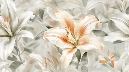 Fototapeta premium Elegant floral pattern with white and peach lilies on a light background, perfect for wallpaper or fabric design.