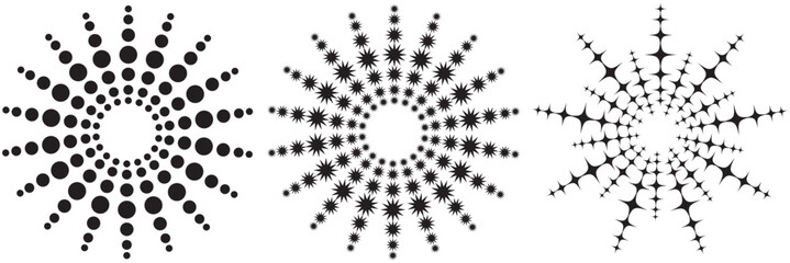 Radial circle lines. Circular radiating lines geometric element. Sun star rays symbol. Abstract geometric shapes. Design element. Vector illustration isolated on white background.