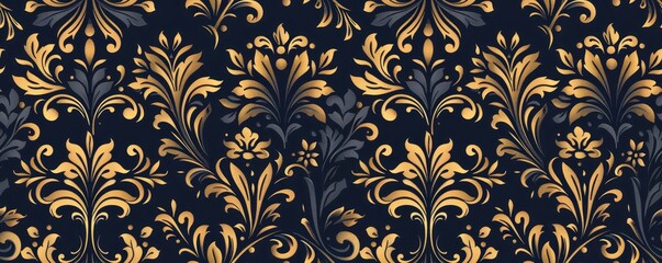 Seamless ornate floral pattern with gold accents on a dark background. Perfect for luxury wallpapers, textiles, and elegant designs.