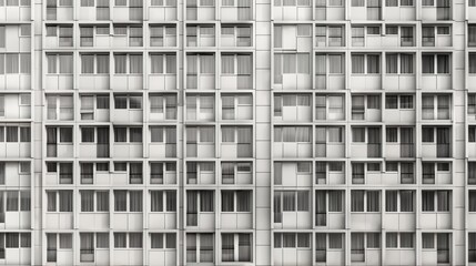 Monochrome photo apartment building facade featuring repetitive geometric patterns numerous windows, capturing urban architectural detail.