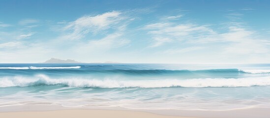 Obraz premium Gentle waves lapping the sandy shore form a tranquil scene with room for text in the image.