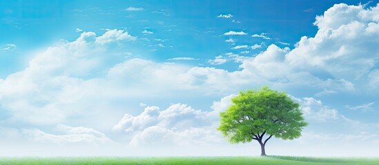 Fototapeta premium A large tree stands in the bottom left corner against a backdrop of a vibrant blue sky dotted with fluffy clouds, providing ample copy space image.