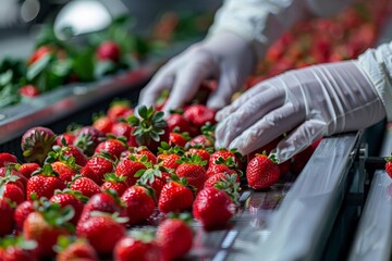 Gloved hands sorting ripe strawberries on a factory conveyor belt, focus on the fresh fruit