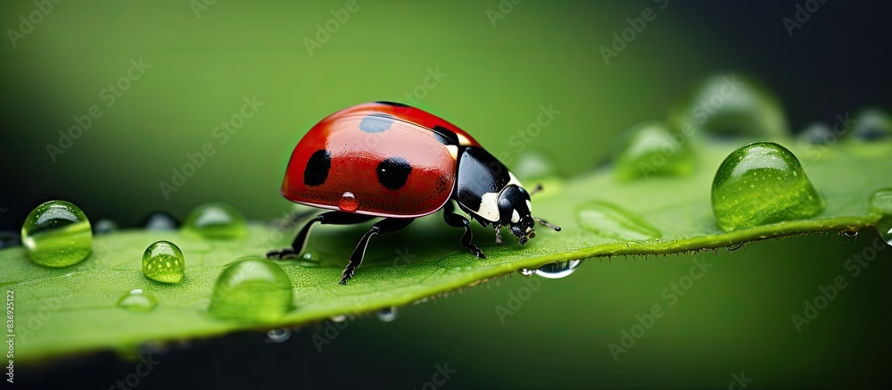 Aufkleber Ladybug on green leaf in detailed macro view with copy space image.