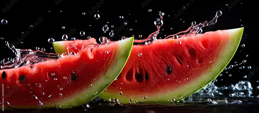 Poster juicy watermelon with water droplets outside, in a setting with a copy space image.