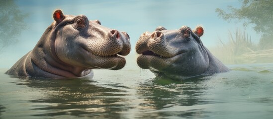 A pair of hippos lingering and feeding side by side, seen in a copy space image.
