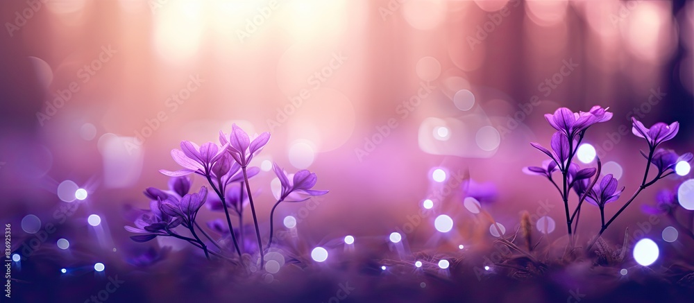 Poster nature forest background with violet purple bokeh. copy space image available.
