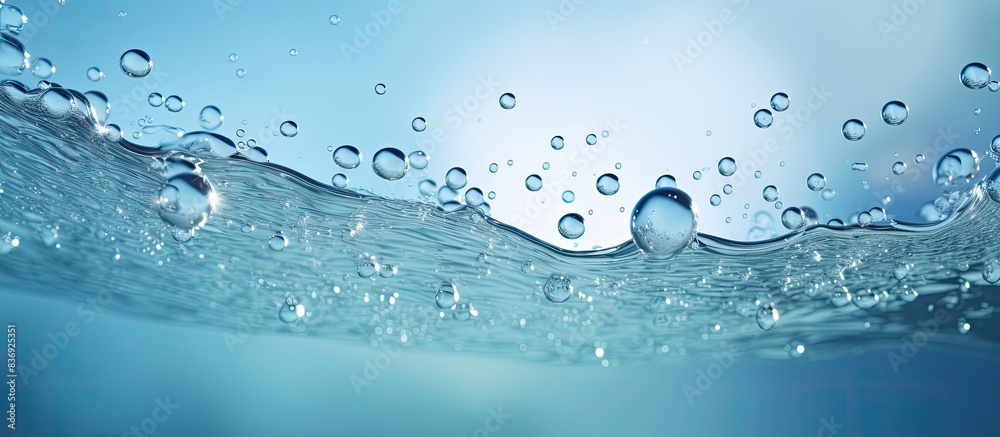 Poster Close-up view of a serene water surface with bubbles and splashes creating a trendy abstract nature backdrop, ideal for a copy space image.